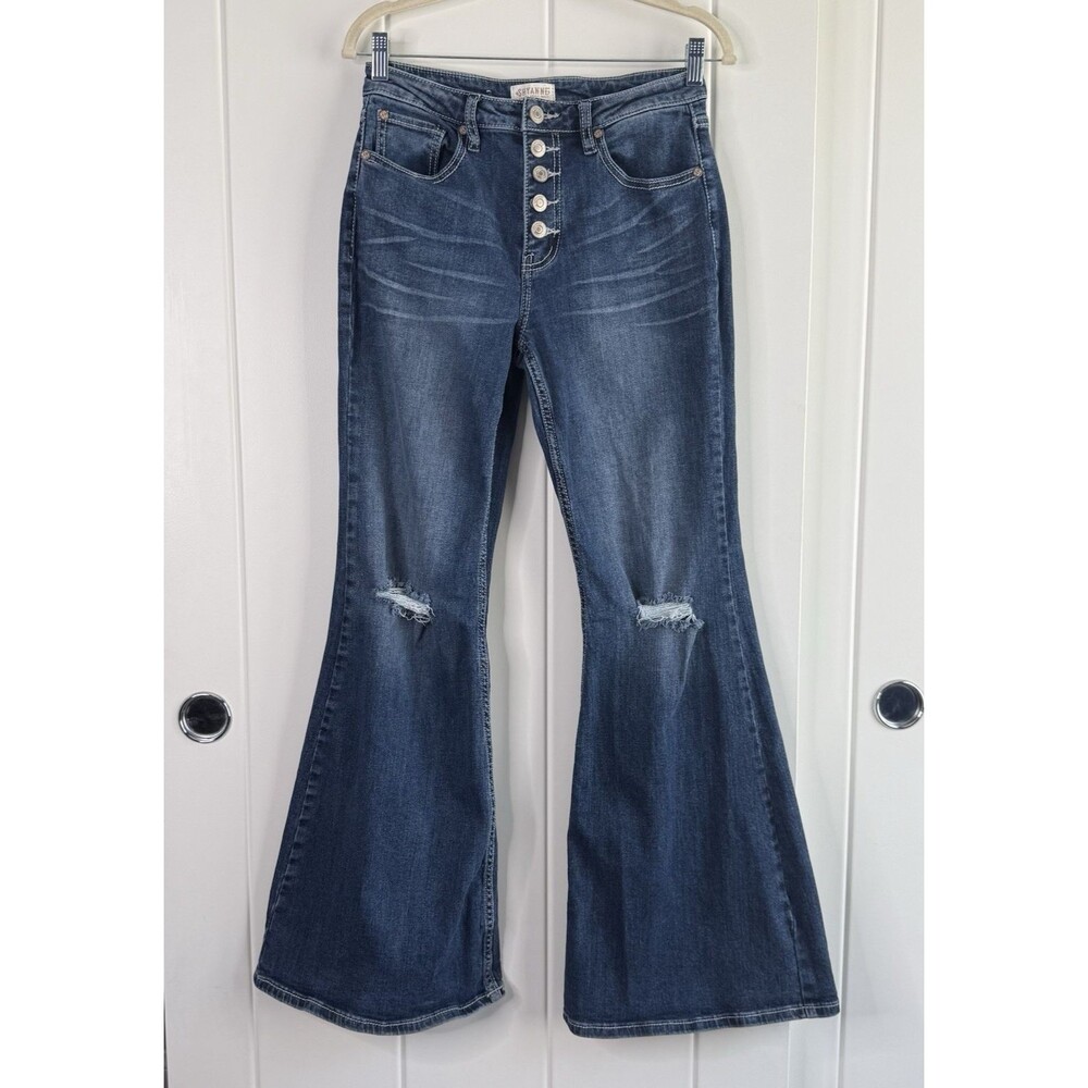 Shyanne Jeans Womens 29W X 34L Blue High Rise Flare Distressed Button Fly